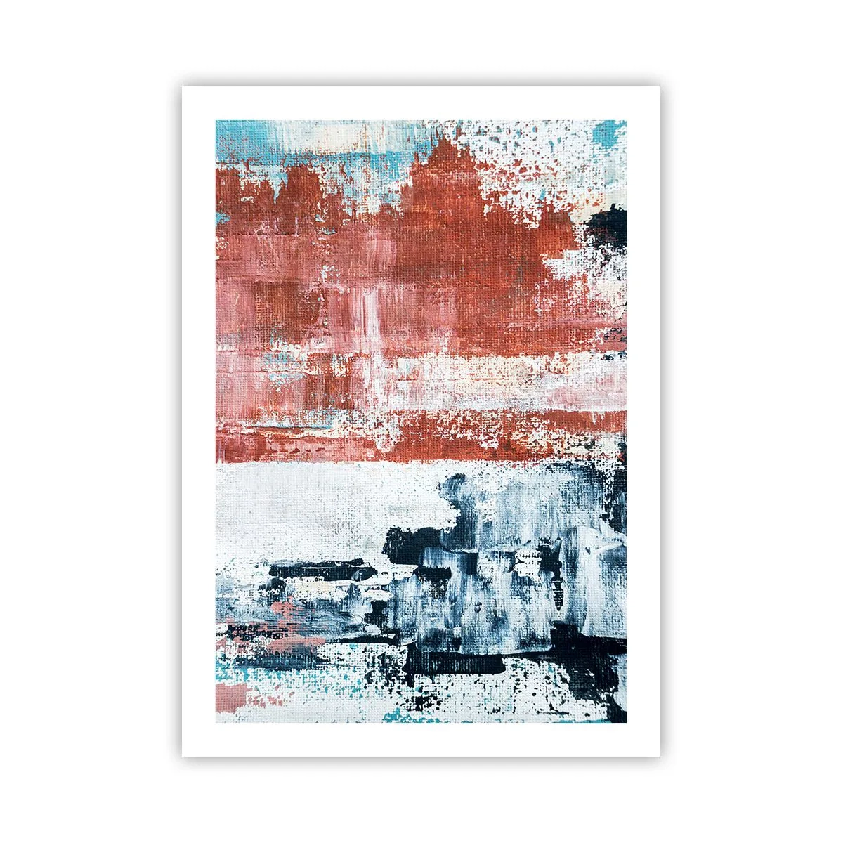 Plakat - Abstrakcyjna kompozycja w odcieniach czerwieni, bieli i niebieskiego - 50x70cm - Abstrakcyjne pół na pół - Nowoczesna dekoracja ścienna do salonu, kuchni i sypialni ARTTOR