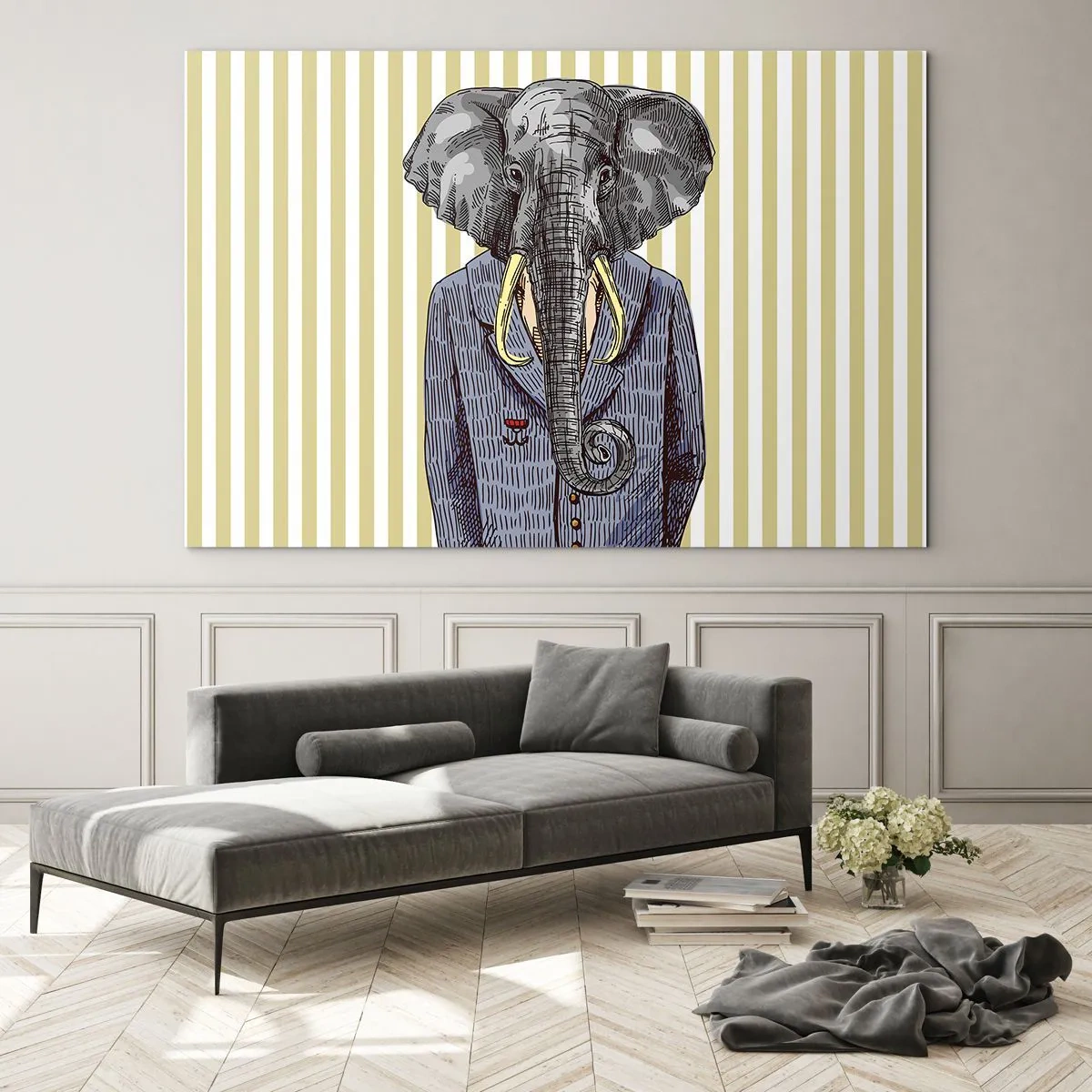 Obraz na szkle - Słoń w garniturze na tle żółtych pasków - 70x50cm - Elegancki z natury - Nowoczesna dekoracja ścienna do salonu i sypialni ARTTOR