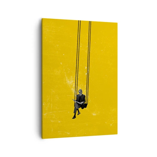 Obraz na płótnie - Minimalistyczna ilustracja mężczyzny na huśtawce z gazetą na żółtym tle - 50x70cm - Dzień jak co dzień - Nowoczesna dekoracja ścienna do salonu, kuchni i sypialni ARTTOR