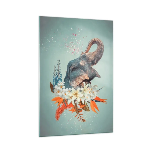 Obraz na szkle - Słoń otoczony kolorowymi kwiatami na pastelowym tle - 70x100cm - Ryk radości - Nowoczesna dekoracja ścienna do salonu i sypialni ARTTOR