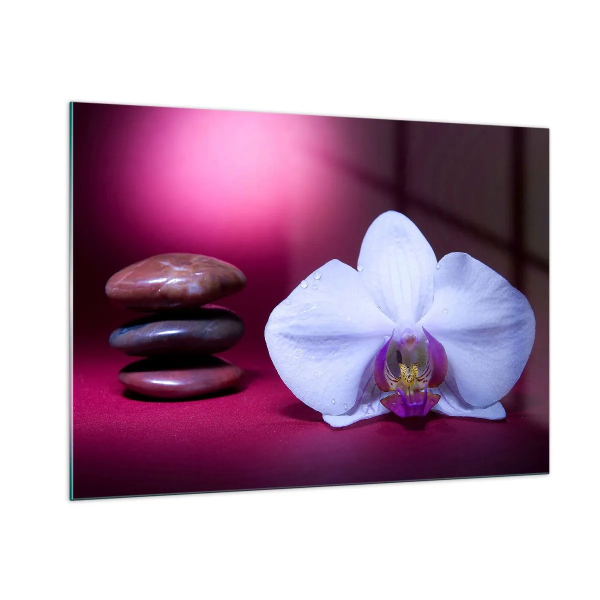 Obraz na szkle - Biała orchidea i kamienie na tle fioletowego światła - 100x70cm - Studium świeżości w fiolecie - Nowoczesna dekoracja ścienna do salonu, kuchni i sypialni ARTTOR