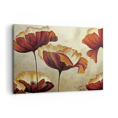 Obraz na płótnie - Subtelne kwiaty w odcieniach czerwieni i złota na jasnym tle - 120x80cm - Łąki łan - Nowoczesna dekoracja ścienna do salonu, kuchni i sypialni ARTTOR