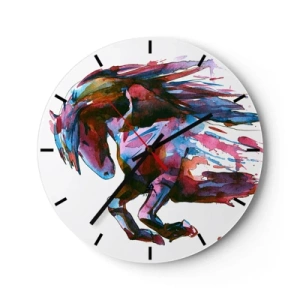 Zegar ścienny - Dynamiczny koń w akwarelowych barwach z rozwianą grzywą - 30x30cm - W uniesieniu - Nowoczesna dekoracja ścienna do salonu, kuchni i sypialni ARTTOR