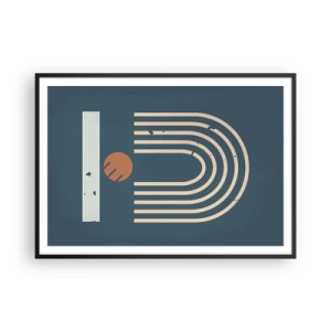 Plakat w czarnej ramie - Geometryczny wzór w odcieniach granatu, beżu i pomarańczu na ciemnym tle - 100x70cm - Geometria na granacie - Nowoczesna dekoracja ścienna do salonu i sypialni ARTTOR