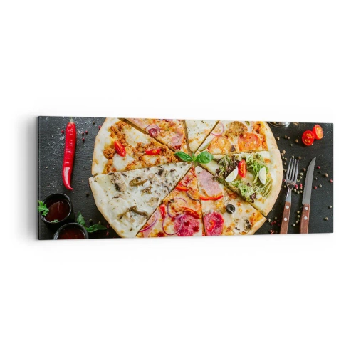 Obraz na płótnie - Pizza w różnych smakach na tle z dodatkami - 140x50cm - Wachlarz smaków - Nowoczesna dekoracja ścienna do salonu i sypialni ARTTOR