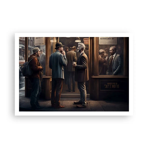 Plakat - Scena uliczna z ludźmi przed kawiarnią w stylu retro - 100x70cm - Dobra chwila dnia - Nowoczesna dekoracja ścienna do salonu i sypialni ARTTOR