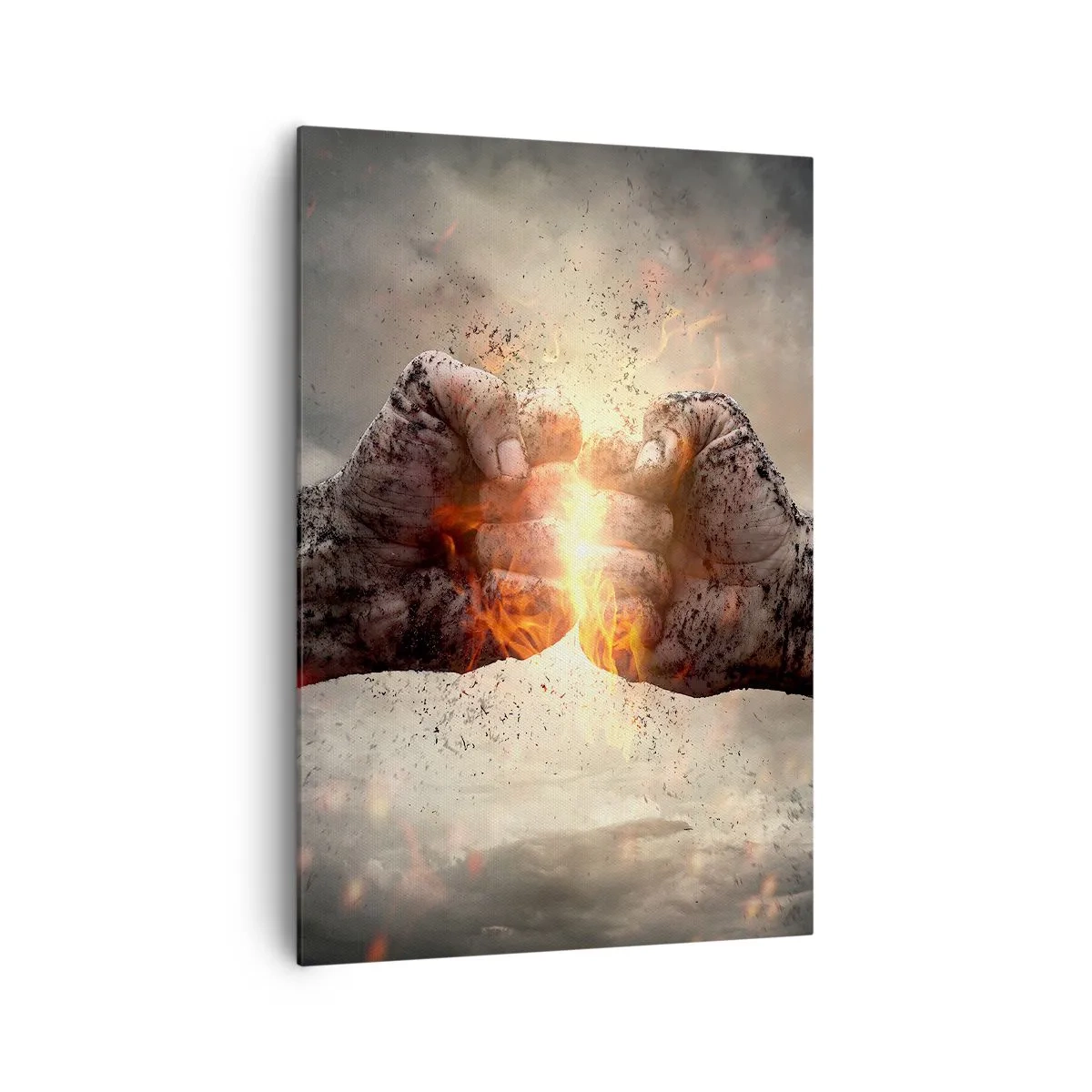 Obraz na płótnie - Zaciśnięte pięści w dynamicznej scenerii z ogniem - 70x100cm - Stań do walki - Nowoczesna dekoracja ścienna do salonu i sypialni ARTTOR
