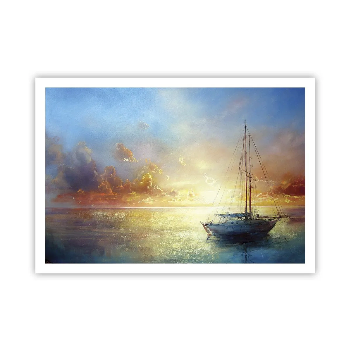 Plakat - Jacht na spokojnym morzu o zachodzie słońca - 100x70cm - W złotej zatoce - Nowoczesna dekoracja ścienna do salonu i sypialni ARTTOR