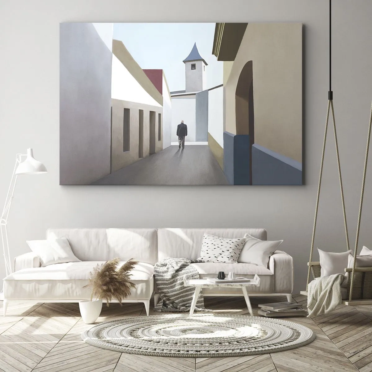 Obraz na płótnie - Minimalistyczna uliczka z sylwetką mężczyzny w tle - 100x70cm - Słoneczny spacer - Nowoczesna dekoracja ścienna do salonu, kuchni i sypialni ARTTOR