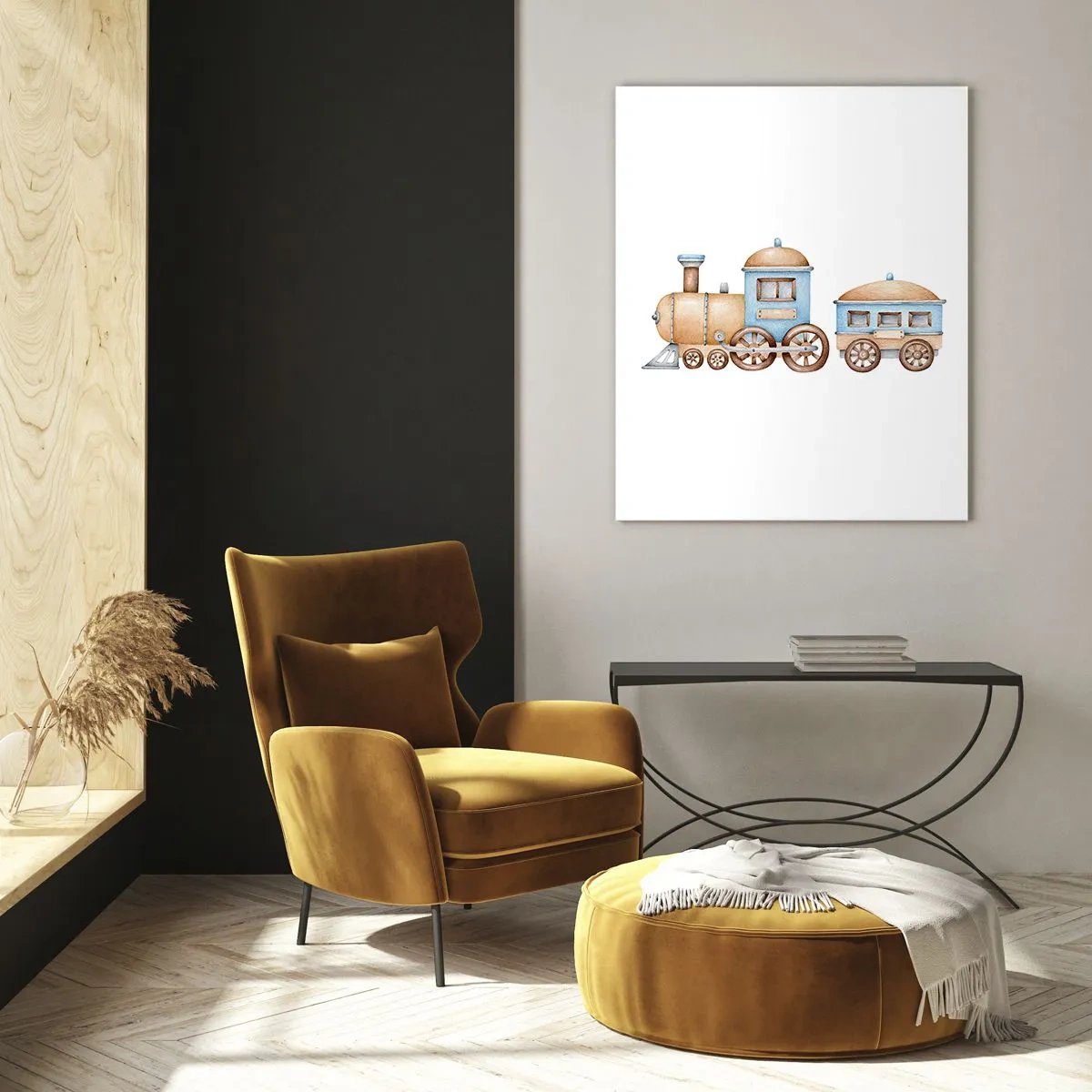 Obraz na szkle - Ilustracja pociągu parowego w odcieniach błękitu i beżu na białym tle - 50x70cm - Stoi na stacji... - Nowoczesna dekoracja ścienna do salonu, kuchni i sypialni ARTTOR