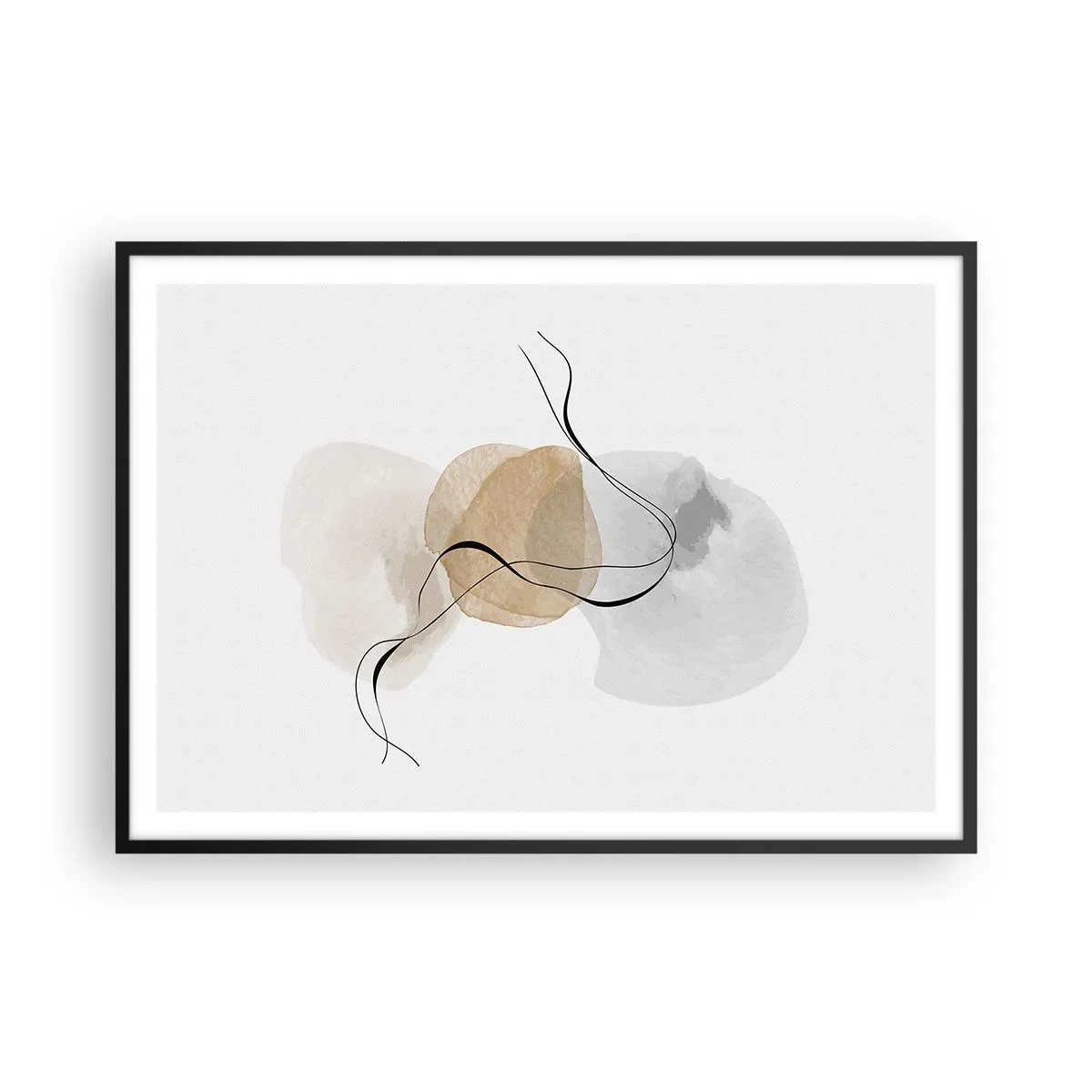 Plakat w czarnej ramie - Minimalistyczna abstrakcja w odcieniach beżu i szarości - 100x70cm - Powietrzne paciorki - Nowoczesna dekoracja ścienna do salonu i sypialni ARTTOR