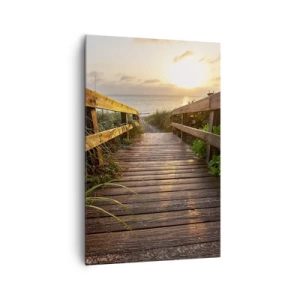 Obraz na płótnie - Drewniany pomost prowadzący na plażę o zachodzie słońca - 80x120cm - I wprost nad brzeg - Nowoczesna dekoracja ścienna do salonu i sypialni ARTTOR