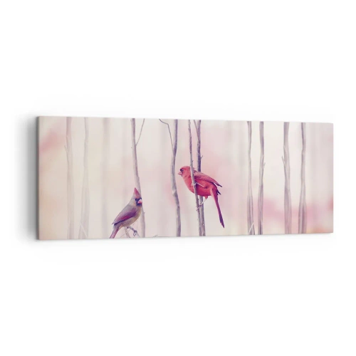 Obraz na płótnie - Para kardynałów na gałęziach w pastelowym krajobrazie - 140x50cm - Opowieść różowego lasu - Nowoczesna dekoracja ścienna do salonu i sypialni ARTTOR