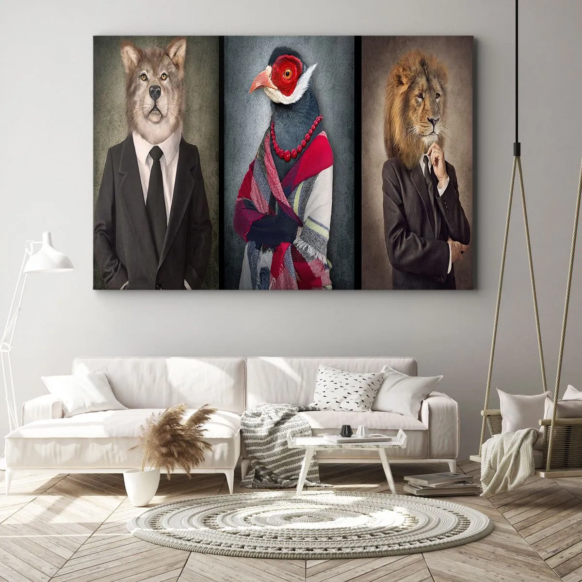 Obraz na płótnie - Stylizowane portrety wilka, bażanta i lwa w eleganckich ubraniach - 70x50cm - Co ja tu robię?! - Nowoczesna dekoracja ścienna do salonu i sypialni ARTTOR