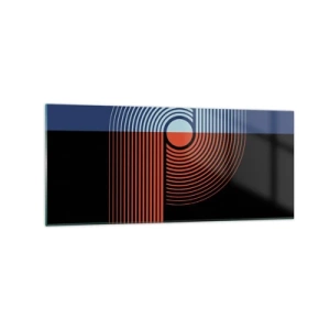 Obraz na szkle - Geometryczna abstrakcja z liniami w kolorach granatu i pomarańczu - 120x50cm - W geometrycznym uścisku - Nowoczesna dekoracja ścienna do salonu i sypialni ARTTOR