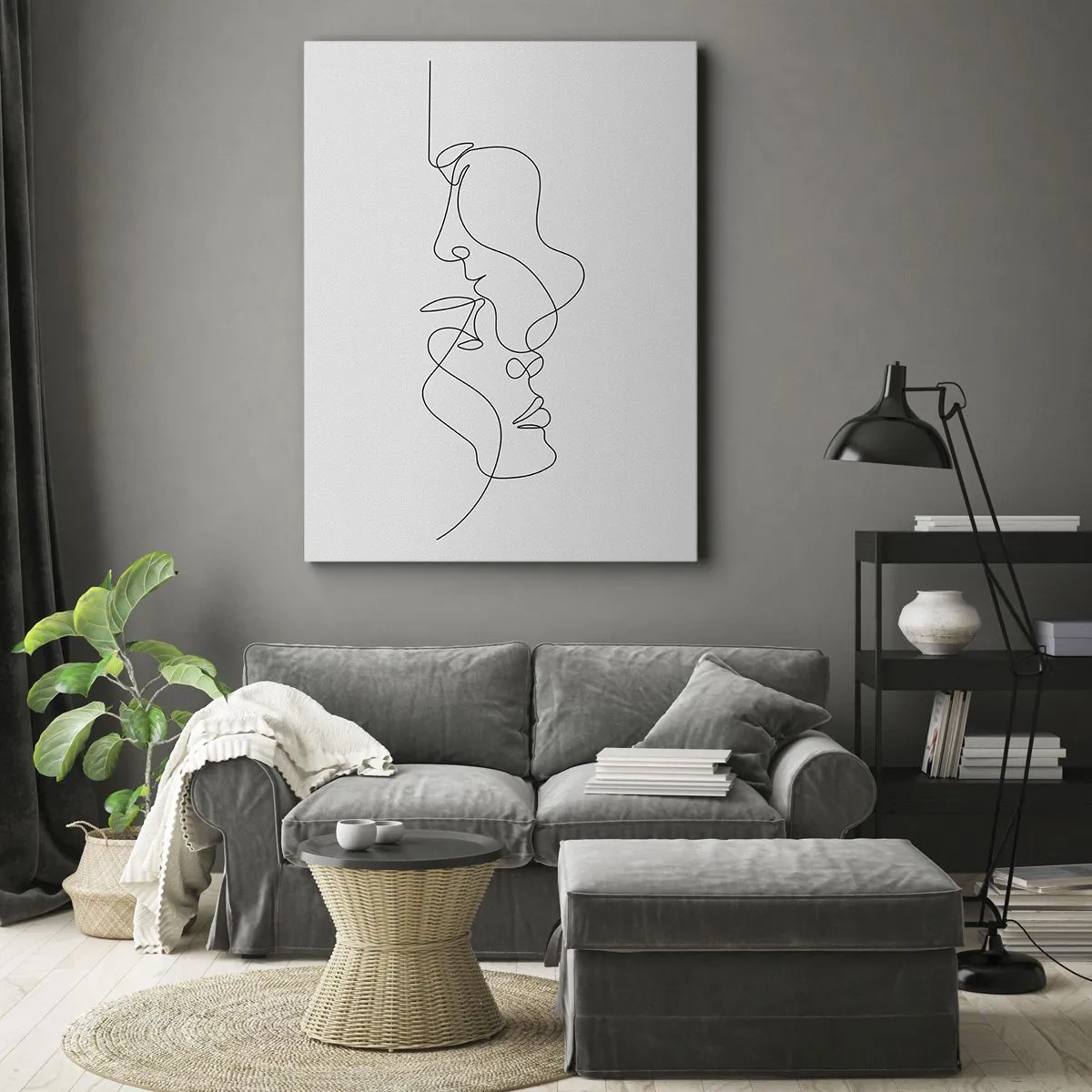 Obraz na płótnie - Minimalistyczny rysunek dwóch twarzy w jednym ciągu linii - 80x120cm - Żar rzewnych żądz - Nowoczesna dekoracja ścienna do salonu i sypialni ARTTOR