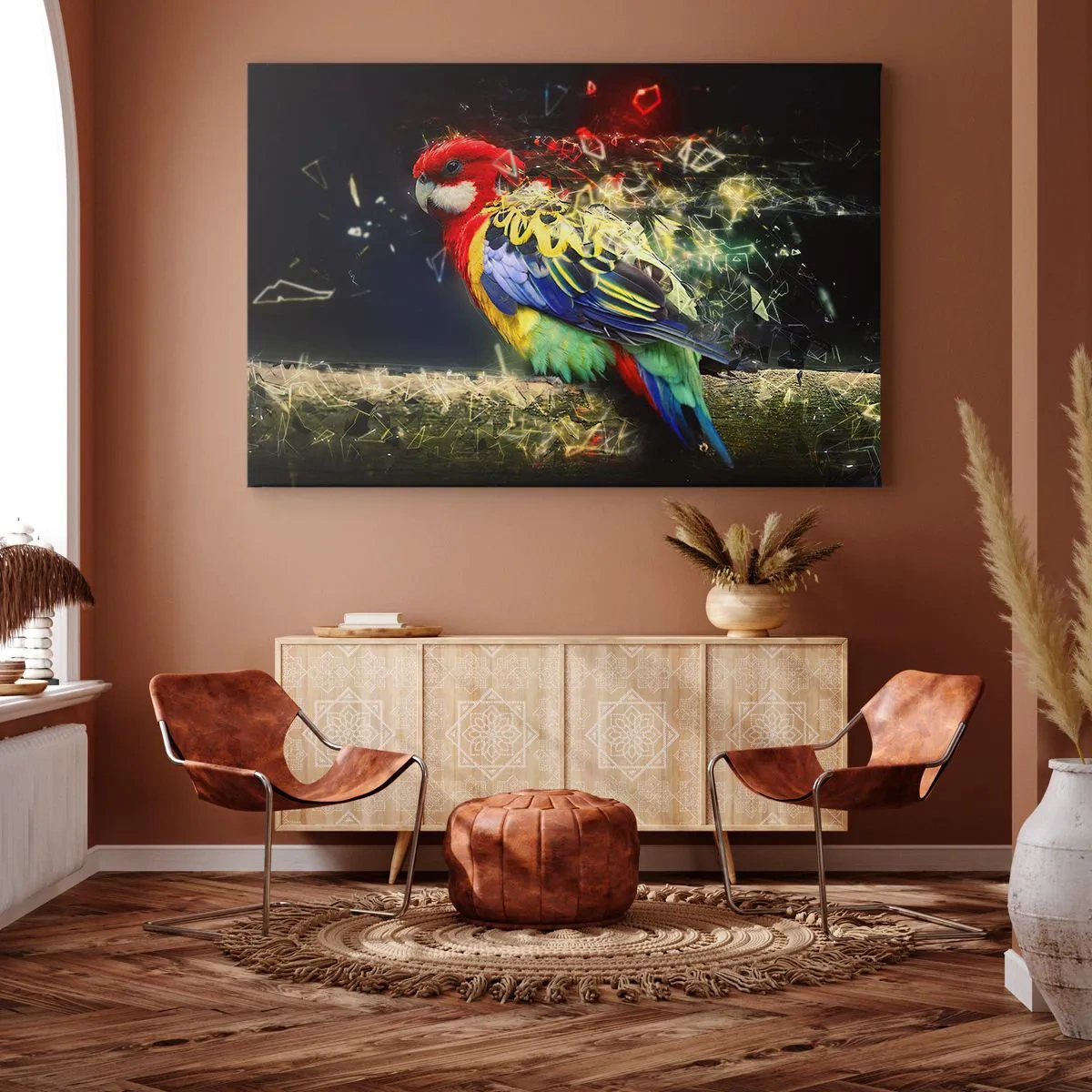 Obraz na płótnie - Papuga w żywych kolorach na tle efektów świetlnych - 70x50cm - Posłaniec blasku - Nowoczesna dekoracja ścienna do salonu i sypialni ARTTOR