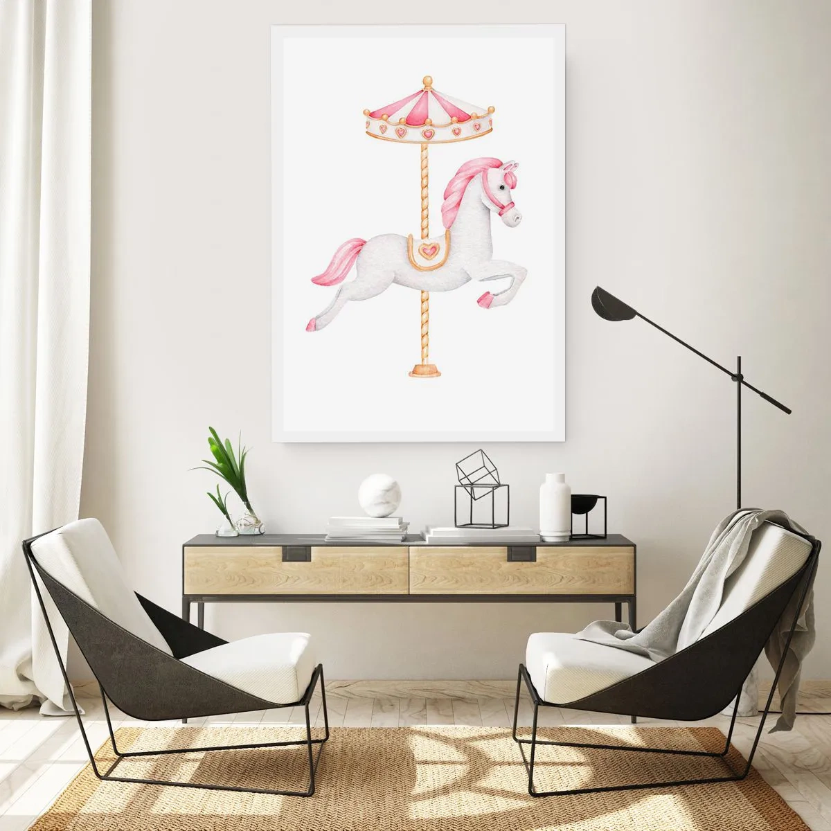 Plakat - Uroczy biały konik na karuzeli w pastelowych barwach - 50x70cm - Ruszył z kopyta - Nowoczesna dekoracja ścienna do salonu, kuchni i sypialni ARTTOR