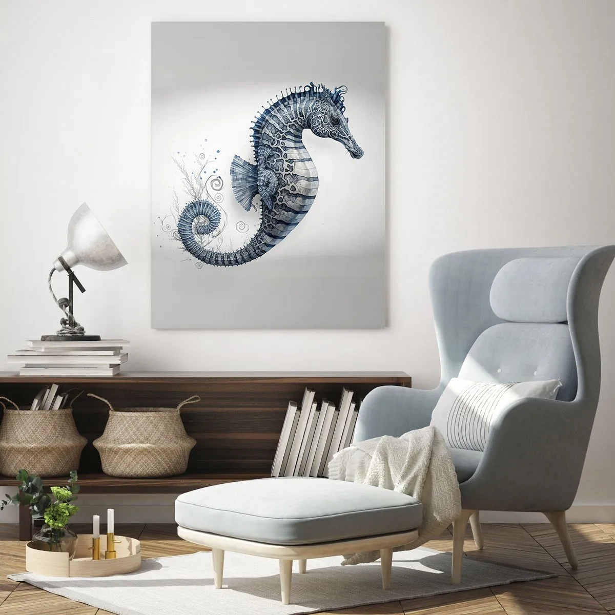 Obraz na szkle - Konik morski w odcieniach niebieskiego z detalami akwareli - 70x100cm - Subtelny żart natury - Nowoczesna dekoracja ścienna do salonu i sypialni ARTTOR