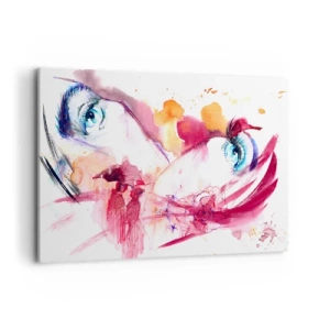 Obraz na płótnie - Abstrakcyjna twarz z wyrazistymi oczami i akcentami w czerwieni - 100x70cm - W bliskości świat rozkwita - Nowoczesna dekoracja ścienna do salonu, kuchni i sypialni ARTTOR