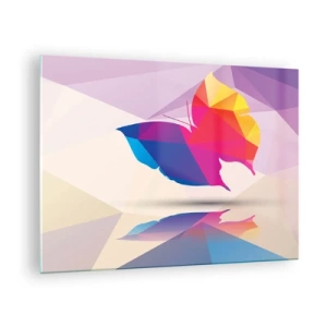 Obraz na szkle - Geometryczny motyl w jasnej kolorowej abstrakcji - 70x50cm - Motyla tęcza - Nowoczesna dekoracja ścienna do salonu i sypialni ARTTOR