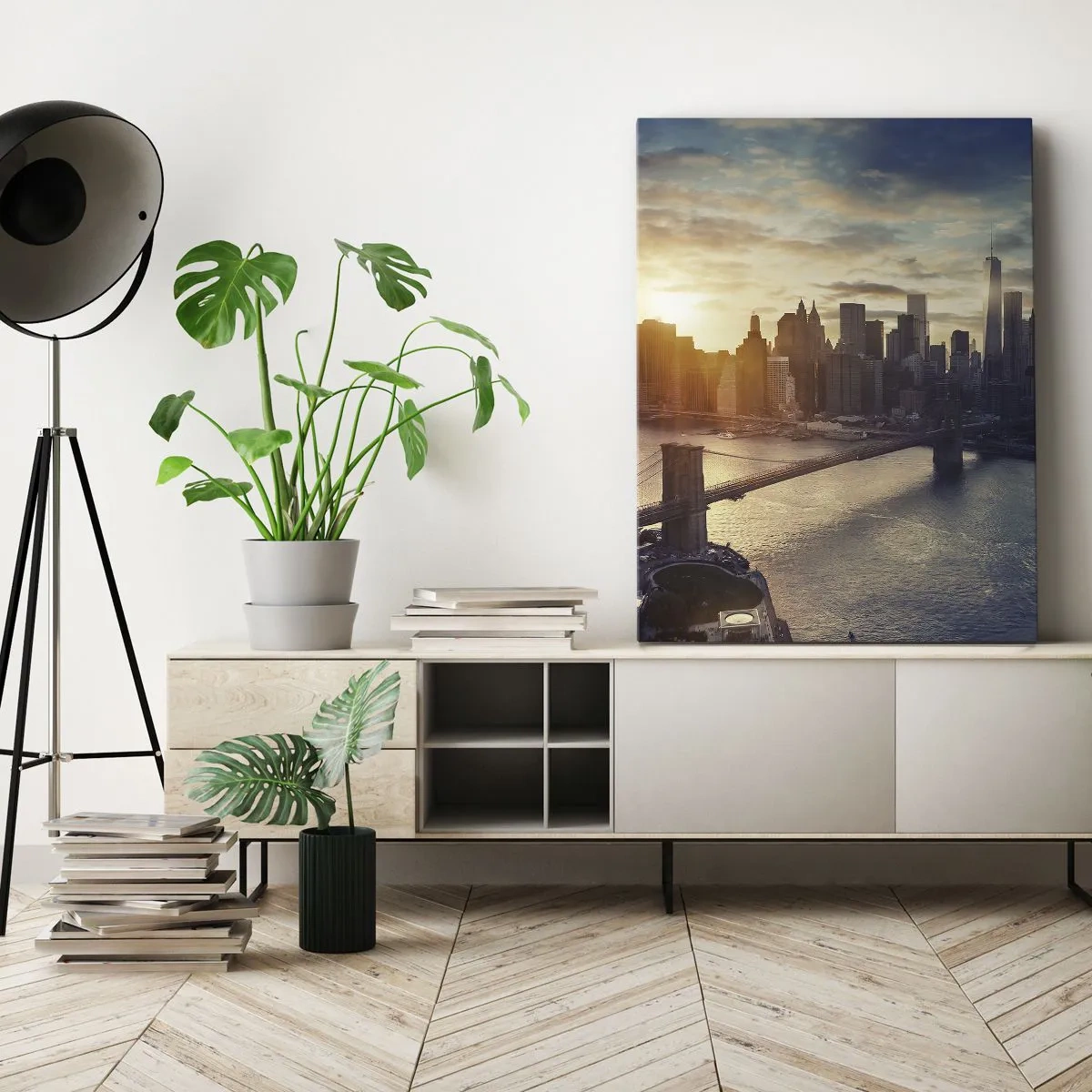 Obraz na płótnie - Panorama miasta z mostem i rzeką w świetle zachodzącego słońca - 70x100cm - Pomnik kultury Zachodu - Nowoczesna dekoracja ścienna do salonu i sypialni ARTTOR