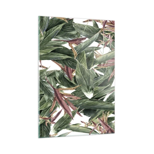 Obraz na szkle - Liście w zielonych i bordowych odcieniach na jasnym tle - 50x70cm - Szmaragdowo-liliowy gąszcz - Nowoczesna dekoracja ścienna do salonu, kuchni i sypialni ARTTOR