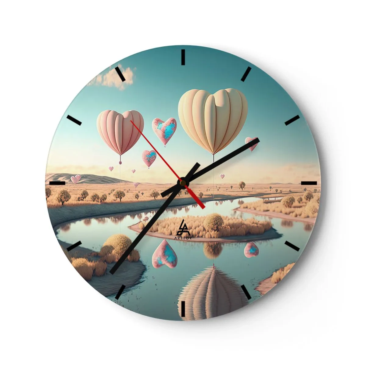 Zegar ścienny - Balony w kształcie serc unoszące się nad rzeką - 30x30cm - Miłość pozwala wznieść się - Nowoczesna dekoracja ścienna do salonu, kuchni i sypialni ARTTOR