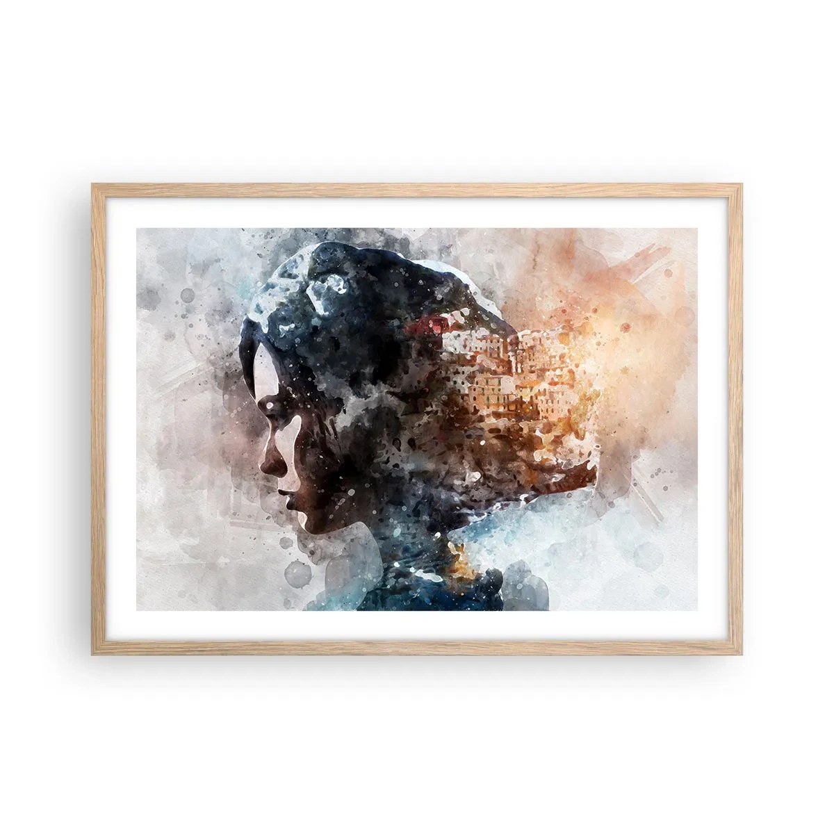 Plakat w ramie jasny dąb - Opowieść o dziewczynie z miastem w tle - 70x50 cm