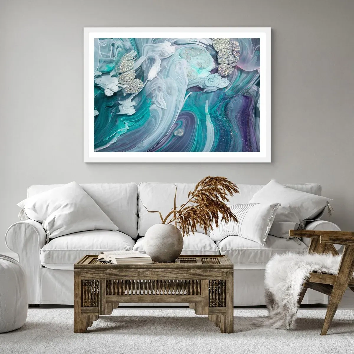 Plakat w białej ramie - Nurty błękitu - 100x70 cm