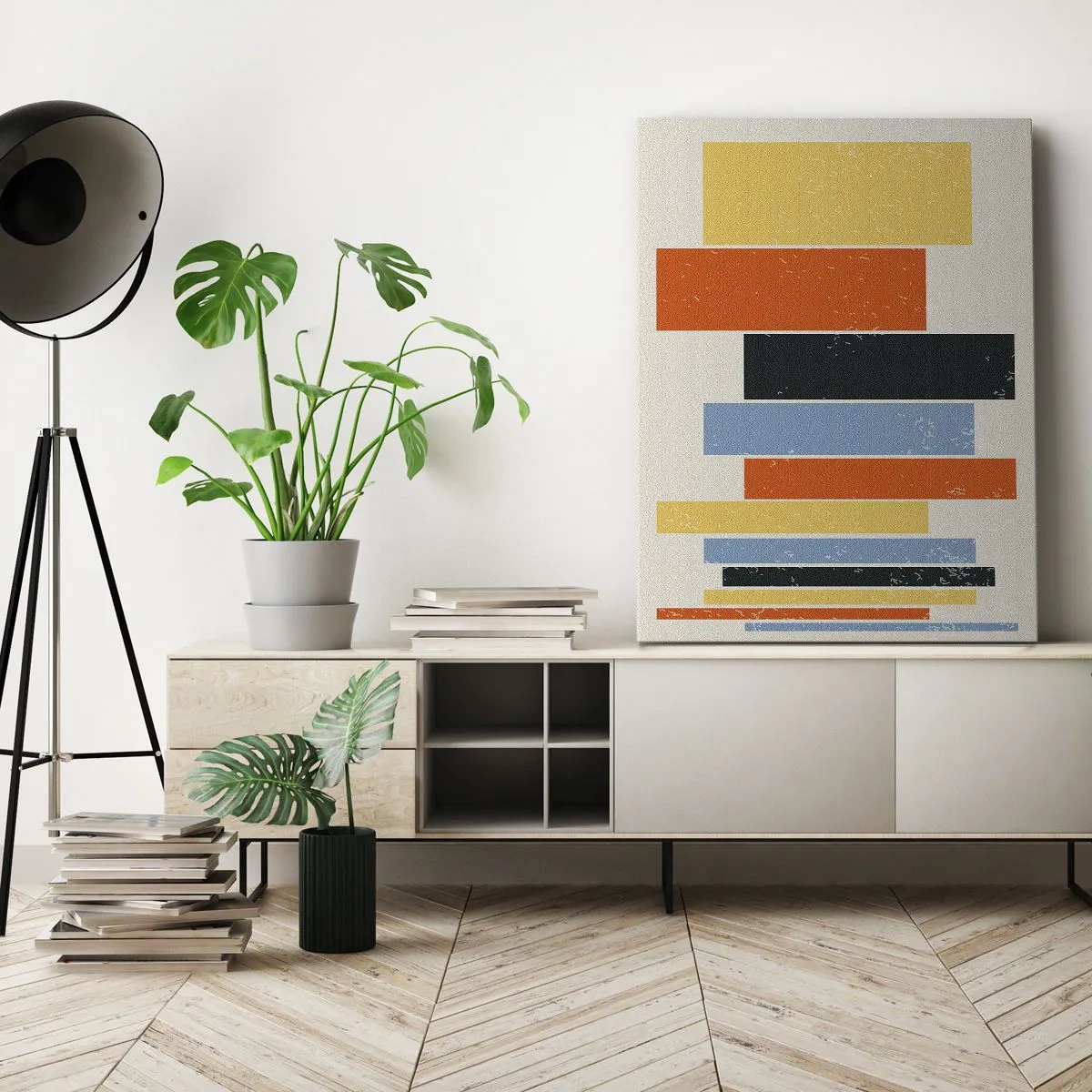 Obraz na płótnie - Minimalistyczna kompozycja z kolorowymi prostokątami ułożonymi w harmonijną strukturę - 50x70cm - Zapis muzyki - Nowoczesna dekoracja ścienna do salonu, kuchni i sypialni ARTTOR