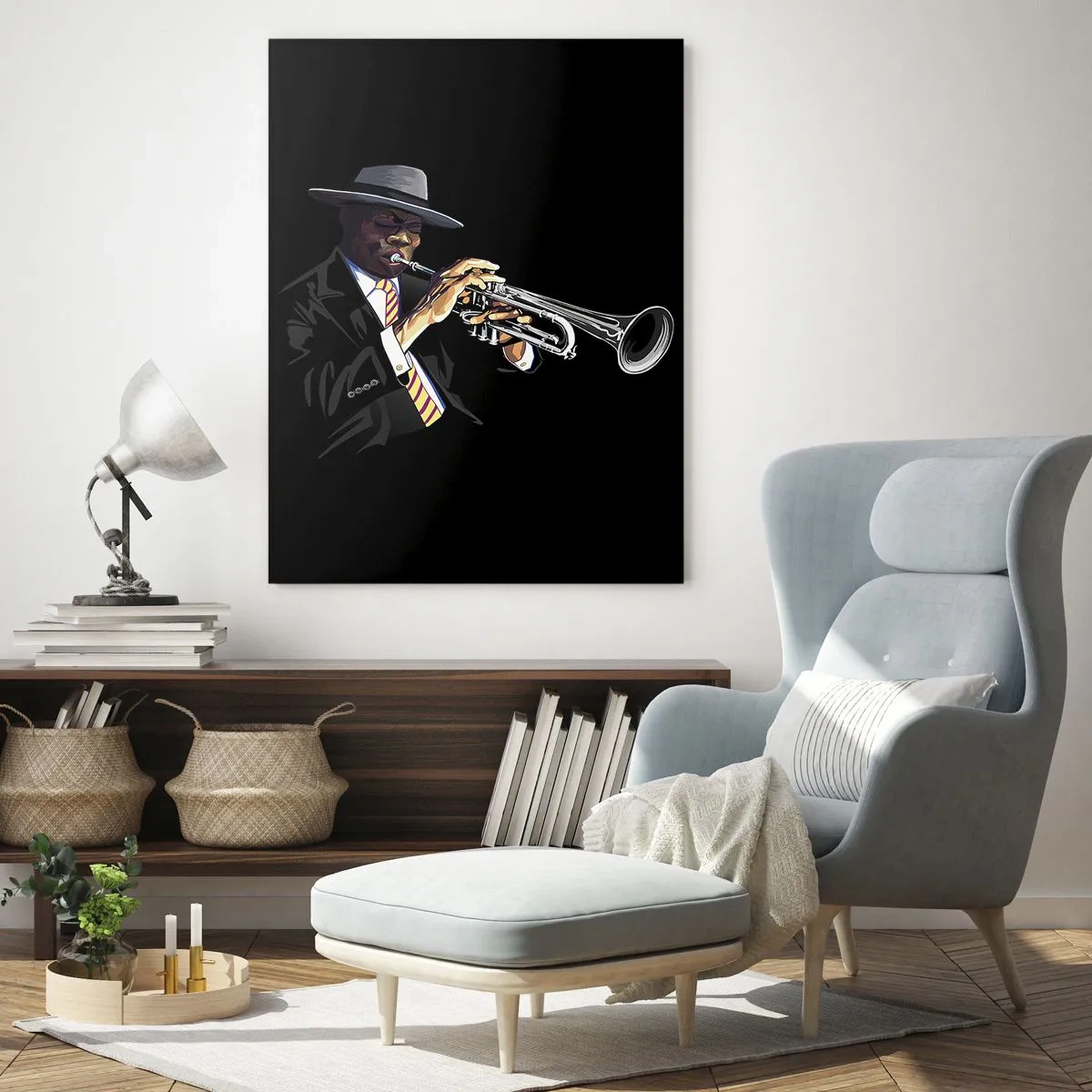 Obraz na szkle - Czarnoskóry muzyk z trąbką w kapeluszu na czarnym tle - 50x70cm - Czar starej szkoły - Nowoczesna dekoracja ścienna do salonu, kuchni i sypialni ARTTOR