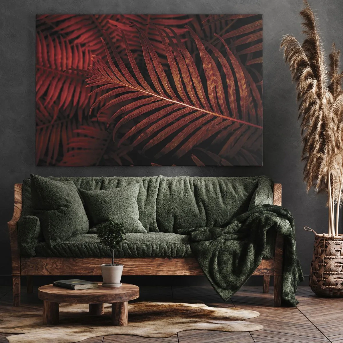 Obraz na płótnie - Czerwone tropikalne liście w zbliżeniu - 120x80cm - Żar życia - Nowoczesna dekoracja ścienna do salonu, kuchni i sypialni ARTTOR