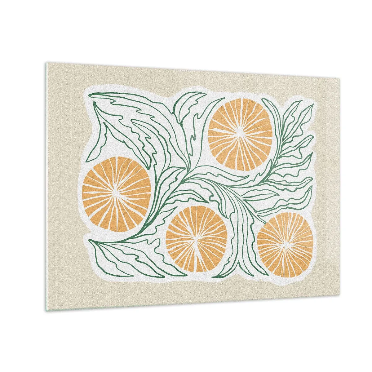 Obraz na szkle - Pomarańczowe owoce i zielone liście w graficznej kompozycji - 70x50cm - Etnicznie z nutą abstrakcji - Nowoczesna dekoracja ścienna do salonu i sypialni ARTTOR