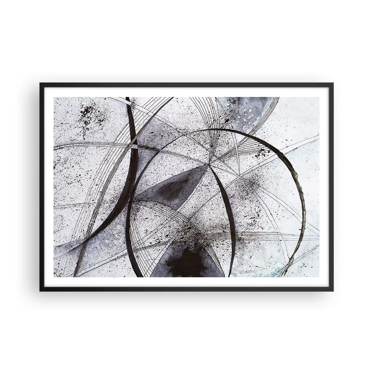 Plakat w czarnej ramie - Abstrakcyjne linie i kształty w odcieniach szarości i czerni - 100x70cm - Futurystyczna fantazja - Nowoczesna dekoracja ścienna do salonu i sypialni ARTTOR