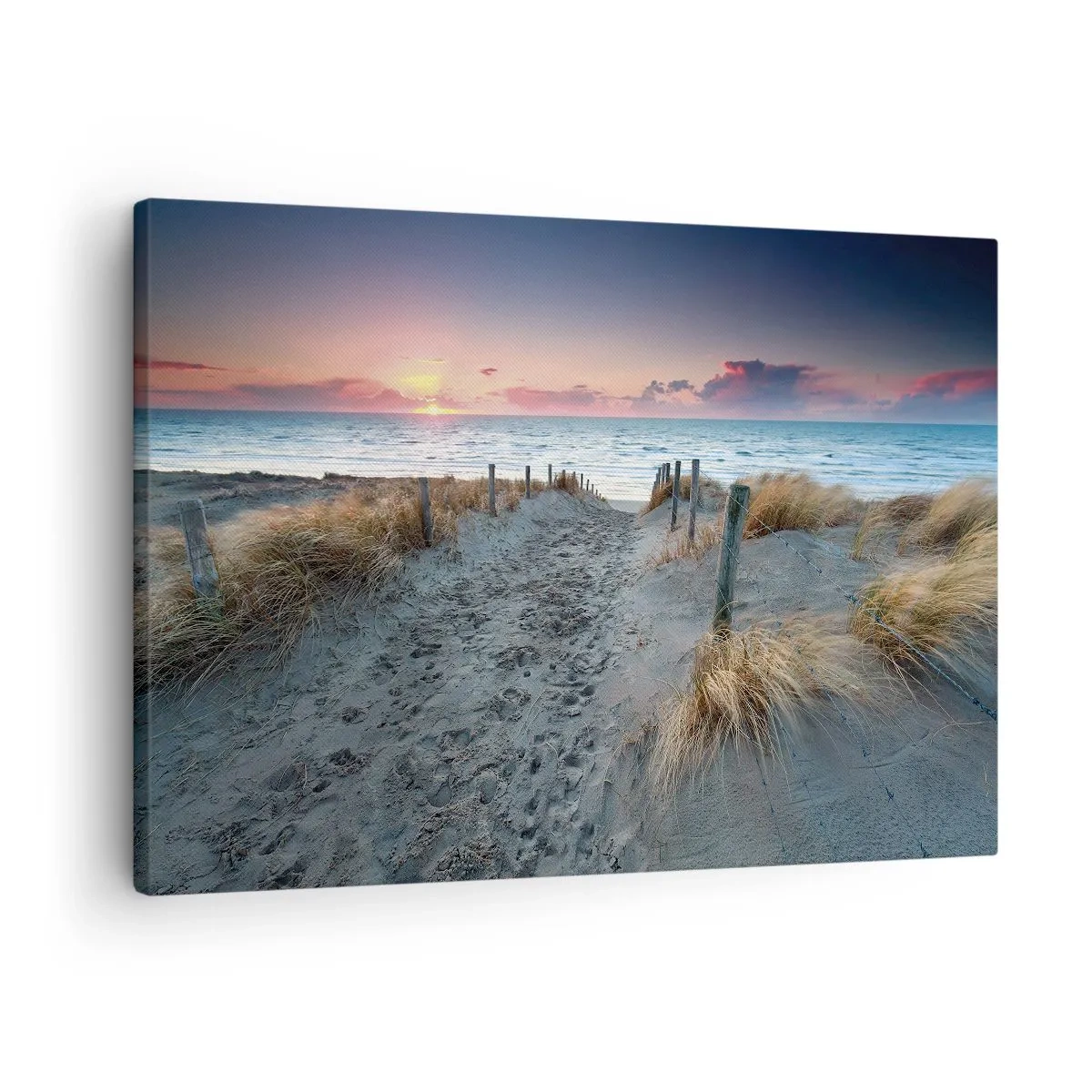 Obraz na płótnie - Ścieżka prowadząca na plażę o zachodzie słońca - 70x50cm - Rozlałeś tęczę blasków promienistą… - Nowoczesna dekoracja ścienna do salonu i sypialni ARTTOR