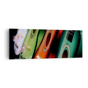 Obraz na płótnie - Kolorowe gitary w różnych odcieniach ułożone w szeregu - 140x50cm - Gitara ma wiele barw - Nowoczesna dekoracja ścienna do salonu i sypialni ARTTOR