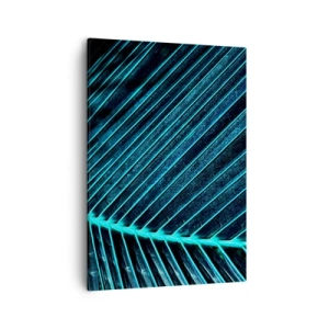 Obraz na płótnie - Blisko sfotografowany liść palmowy w neonowych odcieniach turkusu - 50x70cm - Faktura zieleni - Nowoczesna dekoracja ścienna do salonu, kuchni i sypialni ARTTOR