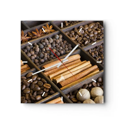 Zegar ścienny - Przyprawy i kawa w drewnianych przegródkach - 30x30cm - Skarbiec aromatów - Nowoczesna dekoracja ścienna do salonu i sypialni ARTTOR