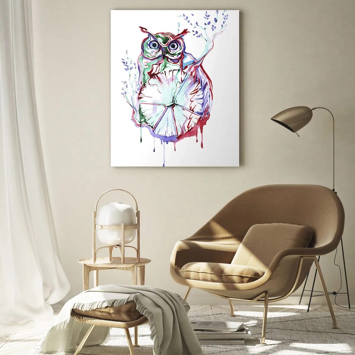 Obraz na szkle - Kolorowa akwarela sowy w artystycznym stylu - 70x100cm - Mądra z natury - Nowoczesna dekoracja ścienna do salonu i sypialni ARTTOR