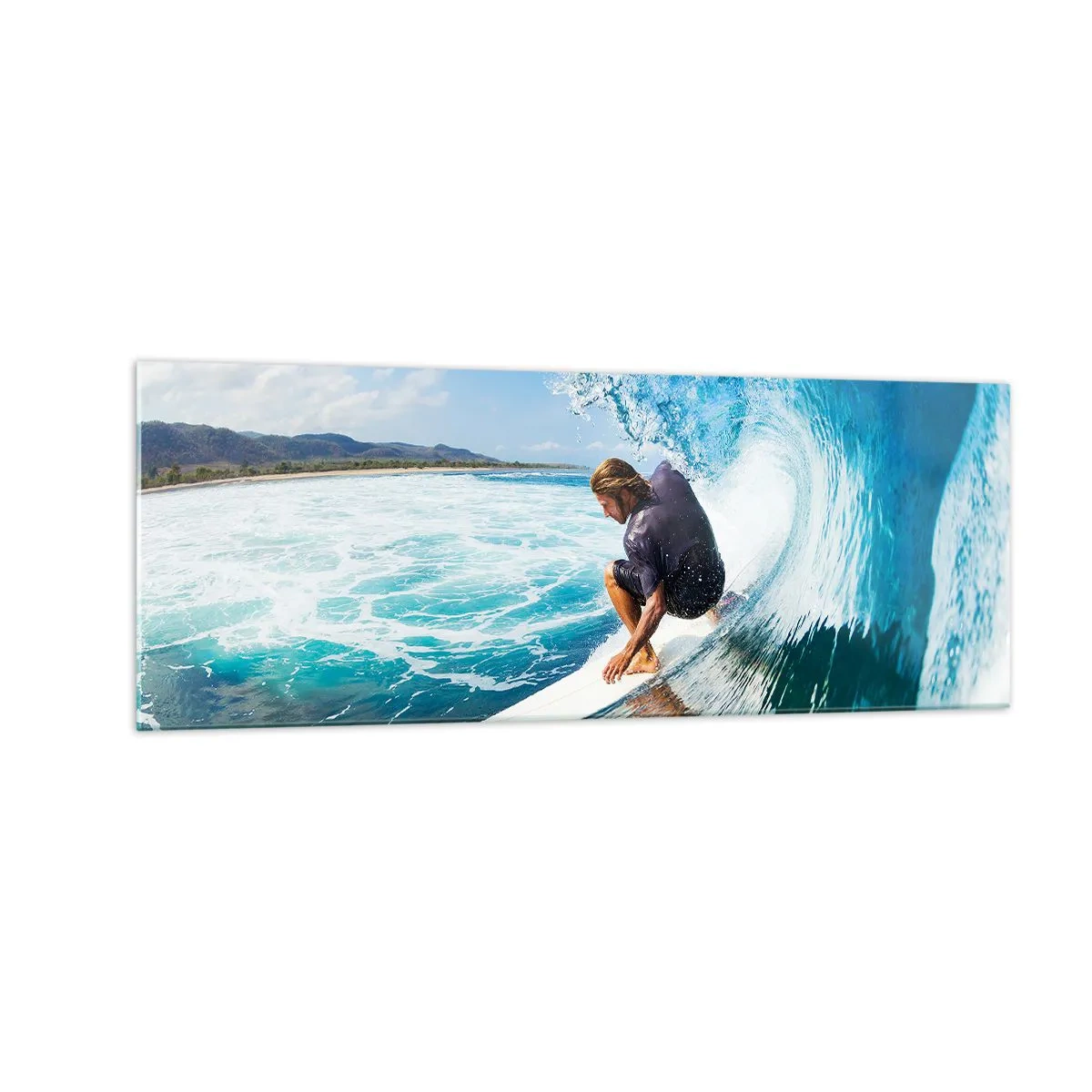 Obraz na szkle - Surfer w dynamicznej pozie na fali w turkusowej wodzie - 140x50cm - Tańczący z falami - Nowoczesna dekoracja ścienna do salonu i sypialni ARTTOR