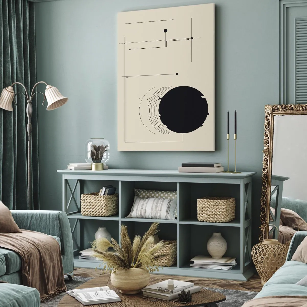 Obraz na płótnie - Minimalistyczna abstrakcja z czarnym okręgiem i liniami - 50x70cm - Sprężysta i dynamiczna kompozycja - Nowoczesna dekoracja ścienna do salonu, kuchni i sypialni ARTTOR