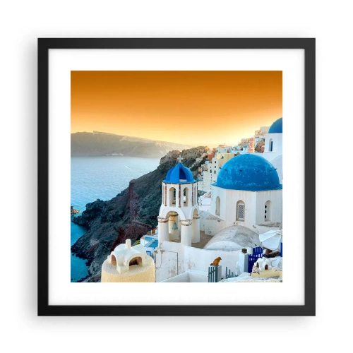 Plakat w czarnej ramie - Santorini - przytulone do skał - 40x40 cm