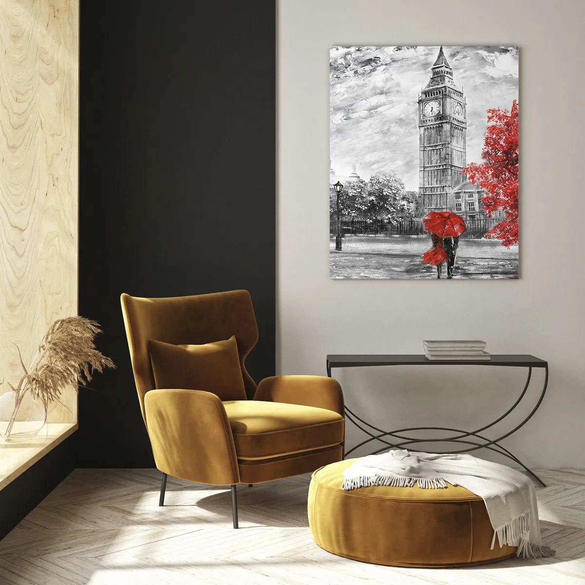 Obraz na szkle - Big Ben z czerwonym autobusem i parasolem w tle jesiennych drzew - 50x70cm - Ekscytujący dzień - Nowoczesna dekoracja ścienna do salonu, kuchni i sypialni ARTTOR