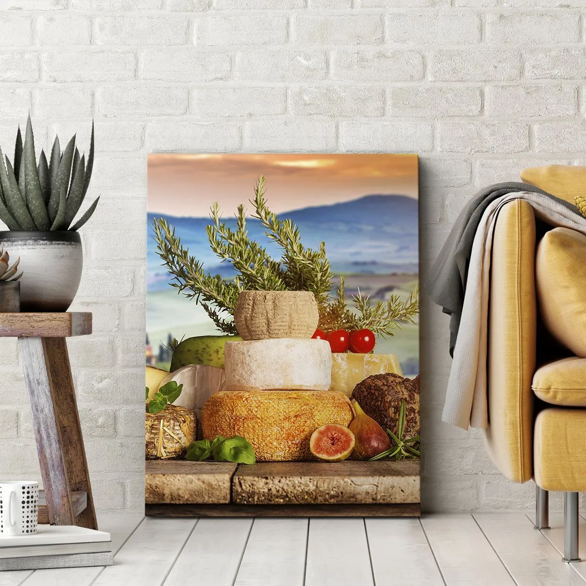 Obraz na płótnie - Kompozycja serów i owoców na tle krajobrazu - 50x70cm - Włoska radość życia - Nowoczesna dekoracja ścienna do salonu, kuchni i sypialni ARTTOR