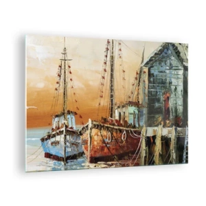 Obraz na szkle - Kolorowe łodzie przy przystani - 70x50cm - Spokojny powrót - Nowoczesna dekoracja ścienna do salonu i sypialni ARTTOR