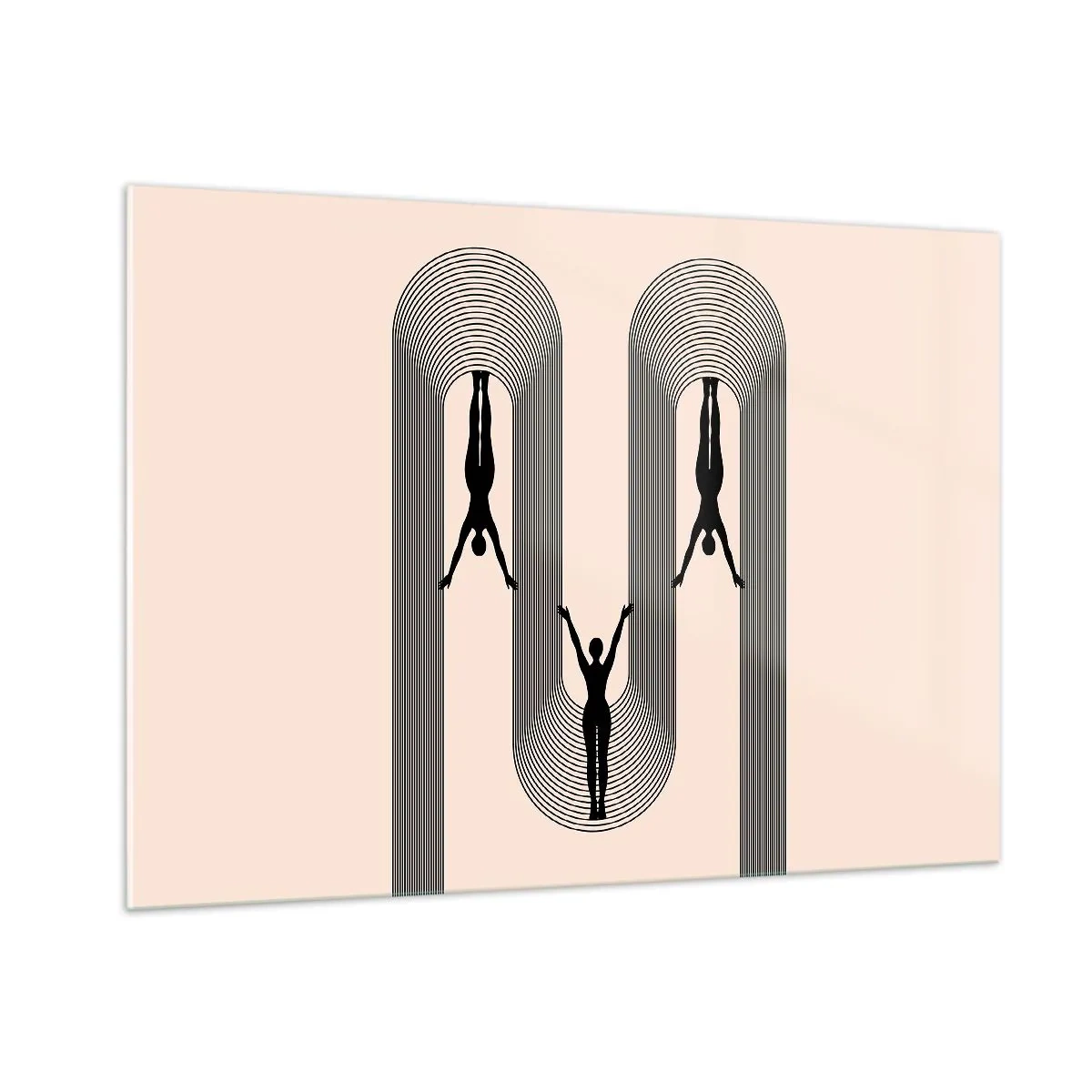 Obraz na szkle - Czarne sylwetki postaci zawieszone w rytmicznych łukach - 100x70cm - Do góry nogami - Nowoczesna dekoracja ścienna do salonu, kuchni i sypialni ARTTOR