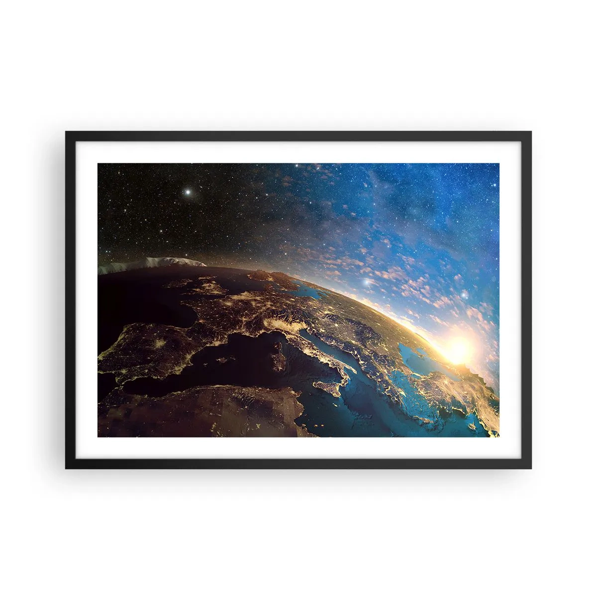 Plakat w czarnej ramie - Widok na Ziemię z kosmosu o wschodzie słońca - 70x50cm - Spójrzmy na siebie z dystansu - Nowoczesna dekoracja ścienna do salonu i sypialni ARTTOR