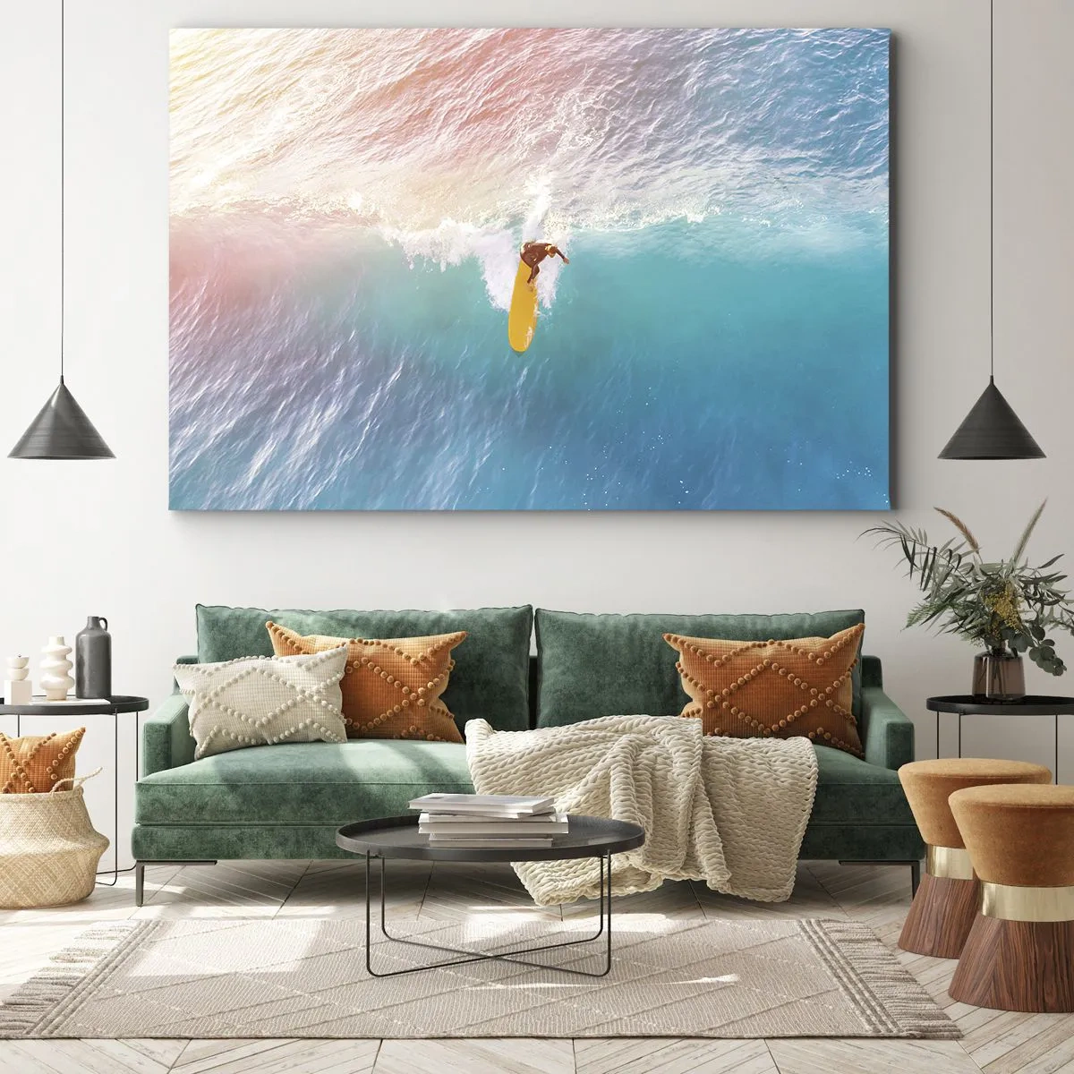 Obraz na płótnie - Surfer na fali w pastelowych kolorach - 70x50cm - Oceaniczny jeździec - Nowoczesna dekoracja ścienna do salonu i sypialni ARTTOR