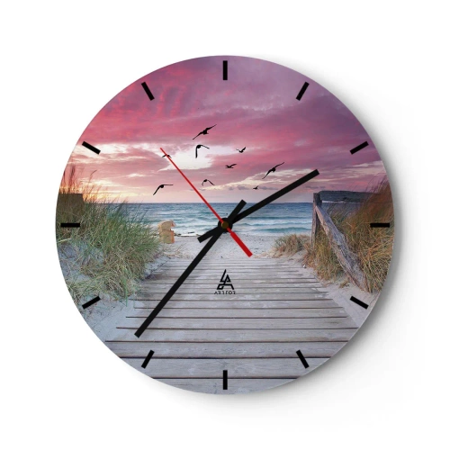 Zegar ścienny - Drewniany pomost prowadzący na plażę o zachodzie słońca - 30x30cm - Bałtycka impresja - Nowoczesna dekoracja ścienna do salonu, kuchni i sypialni ARTTOR